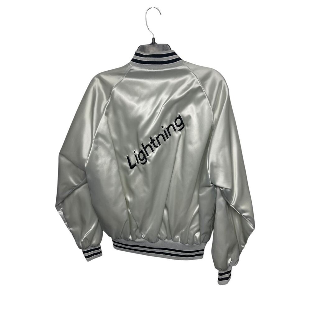 Vintage Dunbrooke Pla-Jac Silver Satin Bomber Jacket Lg Lightning Bolt USA Made - Picture 2 of 4